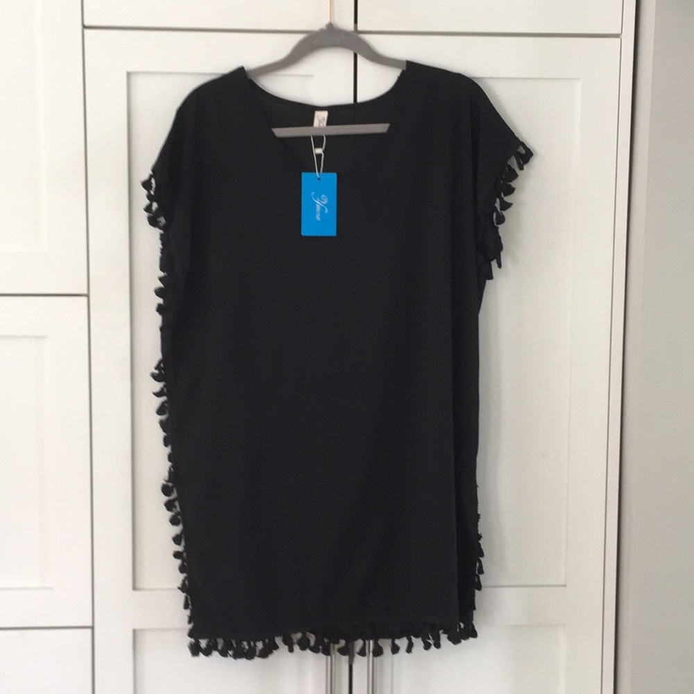 NWT Sheer Black Fringed Coveruo Size Small